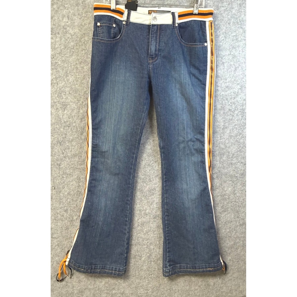 Neeso Y2K Sporty Side Stripe Flare Jeans Blue Denim Orange‎ White Racing Stripe